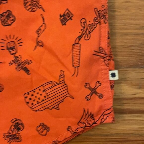 Lucky Brand Orange Novelty Print Button Up Mens Size Large Short Sleeve - Picture 10 of 12